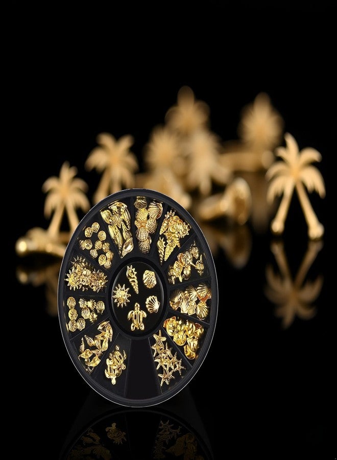 Tnyvm 1 Box 12 Styles Golds Nail Art Metal Studs Golds Metallic 3D Pieces Rivet Palm Tree Turtles Marine Life Charms for Summer Beach Ocean Manicure DIY Acrylic Nails Design Supply (Gold Ocean Studs) - Image 4